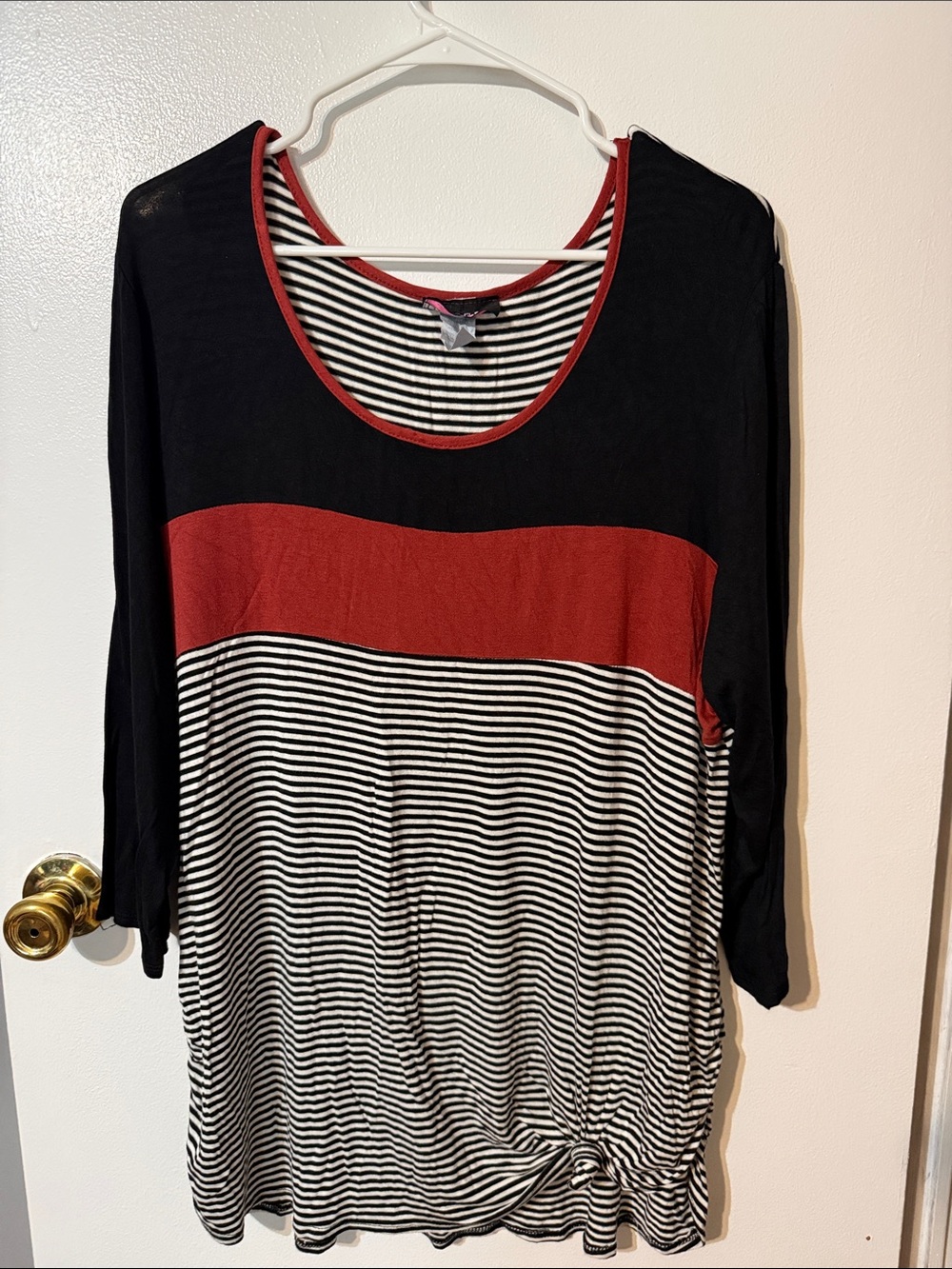 Discreet Black & Burgundy Striped Scoop Neck Long Sleeve Top